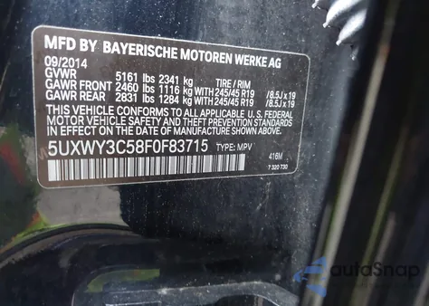 2015 BMW X3 xDrive28D из США, поврежденный, VIN 5UXWY3C58F0F83715